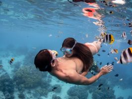 A couple doing a snorkeling tour in Bora Bora