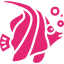 Stylized pink fish with bubbles on a white background.